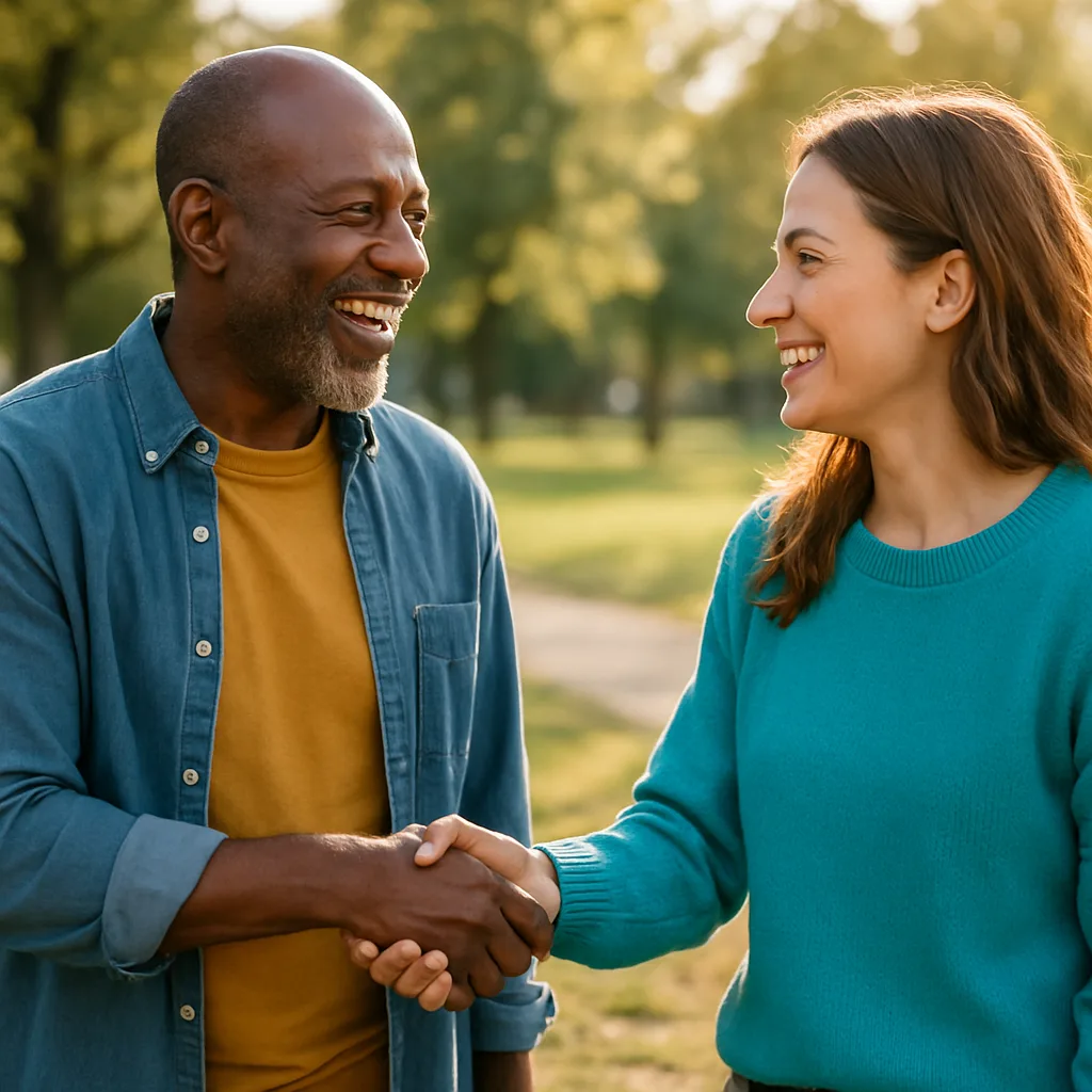 Two people meeting at a local park — genuinely local Manchester dating