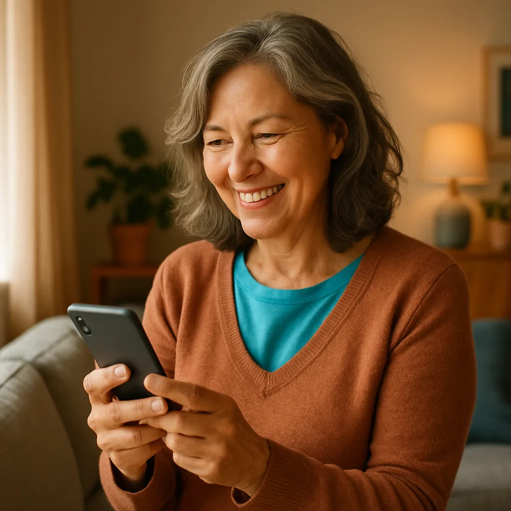 Smiling woman confidently checking her phone — verified profiles on The Manchester Dating Site